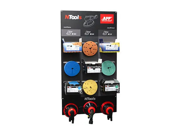 Tableau mural pour disques abrasifs avec support pour 3 ponceuses Ø150 mm - ProFinish Distribution